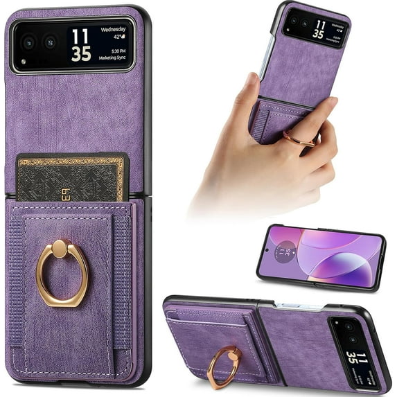 Compatible Motorola Moto Razr 2023 Wallet Case with Card Holder,Motorola Razr 2023 Case Leather,Shockproof PU Leather Protective Case for Motorola Razr 40 Case Moto Razr 2023 Case Ring Purple
