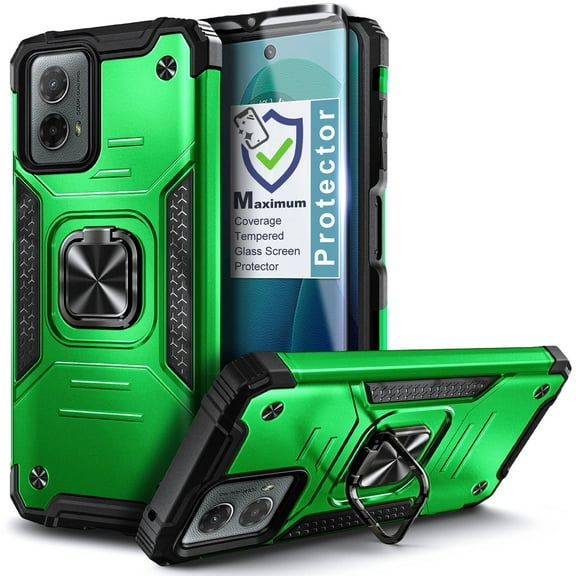 Compatible for Motorola Moto g POWER 5G (2024) Phone Case with Tempered Glass Screen Protector, Nagebee Full-Body Protective [Military-Grade] Magnetic Car Mount Ring Holder Durable Cover (Green)