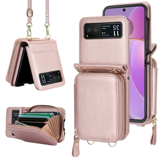 Compatible with Motorola Razr 2023 Crossbody Wallet Case,With Wrist Strap and Shoulder Strap,Zipper Card Slots Pocket,PU Leather Shockproof Protective Rugged Phone Case,Rosegold