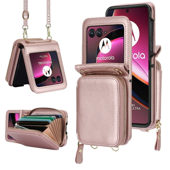 Compatible with Motorola Razr+ 2023 Crossbody Wallet Case,With Wrist Strap and Shoulder Strap,Zipper Card Slots Pocket,PU Leather Shockproof Protective Rugged Phone Case,Rosegold