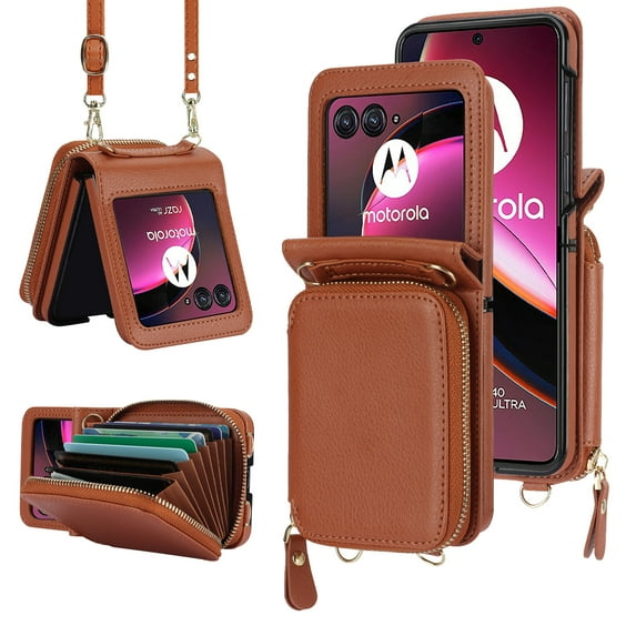 Compatible with Motorola Razr+ 2023 Crossbody Wallet Case,With Wrist Strap and Shoulder Strap,Zipper Card Slots Pocket,PU Leather Shockproof Protective Rugged Phone Case,Brown
