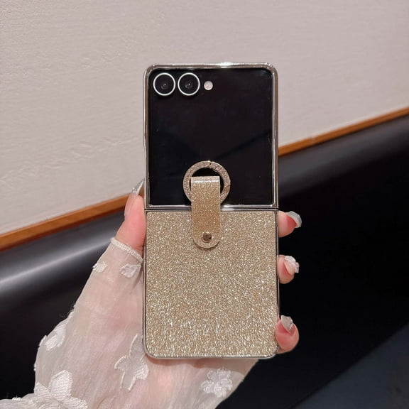 Compatible with Motorola Razr 2025/2024 Phone Case,With Diamond Metal Ring Holder,Bling Glitter Back Design,Electroplated Bumper+PU Leather Shockproof Anti-Scratch Phone Case,Gold