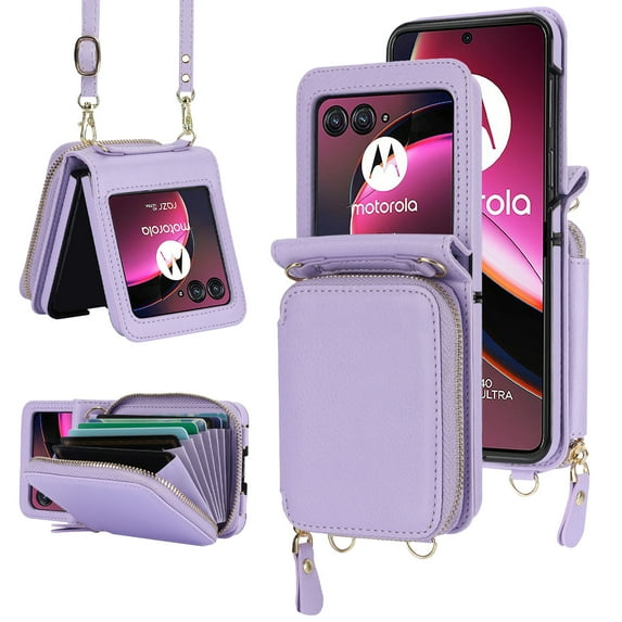 Compatible with Motorola Razr 2025/Razr 60 Crossbody Wallet Case,With Wrist Strap and Shoulder Strap,Zipper Card Slots Pocket,PU Leather Shockproof Protective Rugged Phone Case,Lightpurple