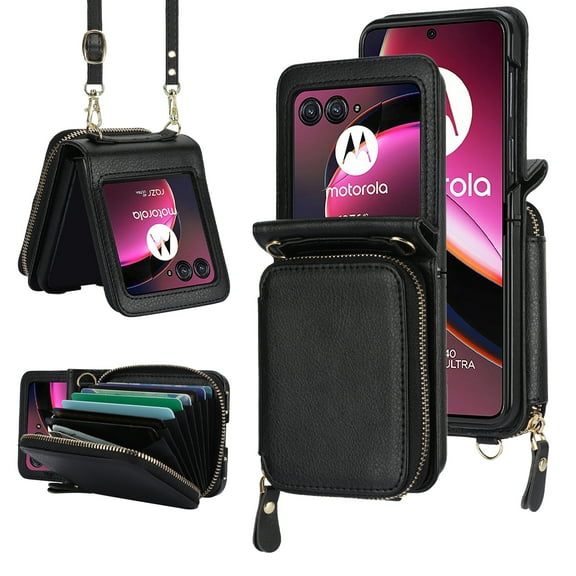 Compatible with Motorola Razr 2025/Razr 60 Crossbody Wallet Case,With Wrist Strap and Shoulder Strap,Zipper Card Slots Pocket,PU Leather Shockproof Protective Rugged Phone Case,Black