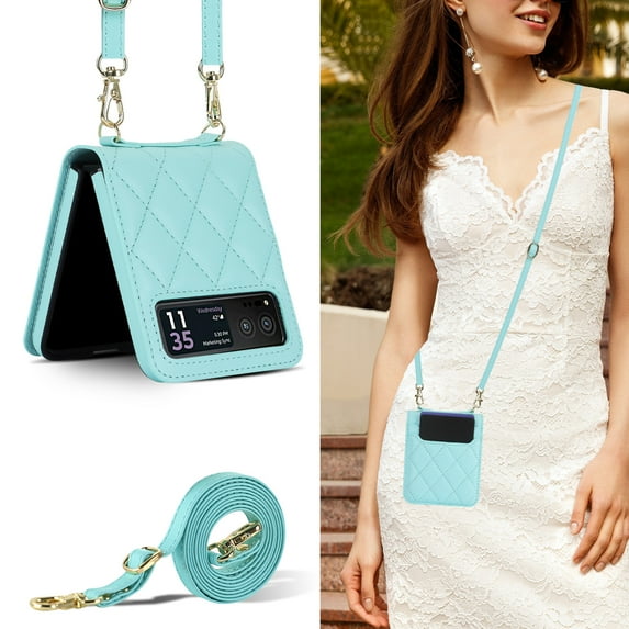 Compatible for Motorola Razr 40 Case with Card Slots, Shockproof Luxury PU Leather Crossbody Short Lanyard Cover Protective Strap Phone Case for Motorola Razr 40 Wallet Case, Green