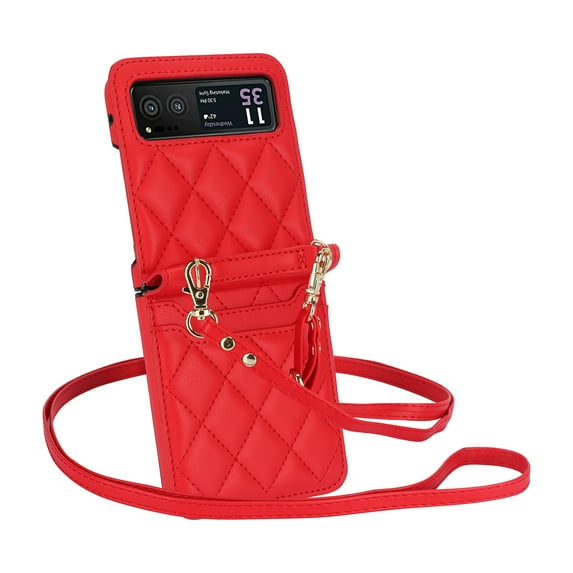 Compatible with Motorola Razr 40 Case with Strap Premium PU Leather Crossbody Lanyard Credit Card Holder Pocket Non-Slip Shockproof Protective Cover for Motorola Razr 40, Red