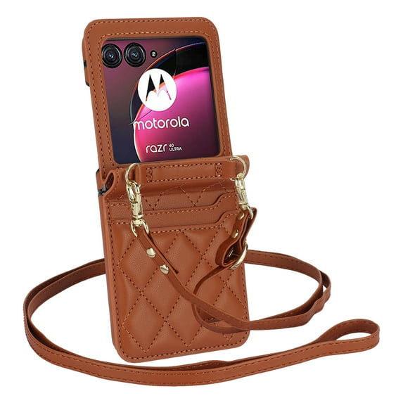 Compatible with Motorola Razr 40 Ultra Case with Strap Premium PU Leather Crossbody Lanyard Credit Card Holder Pocket Non-Slip Shockproof Protective Cover for Motorola Razr 40 Ultra, Brown
