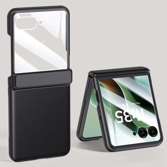 Compatible with Motorola Razr 60 / Motorola Razr 2025 Case Built-in Tempered Glass Screen Protector, PU Leather Slim Thin Drop Protective Phone Cover for Motorola Razr 60 / Razr 2025 - Black