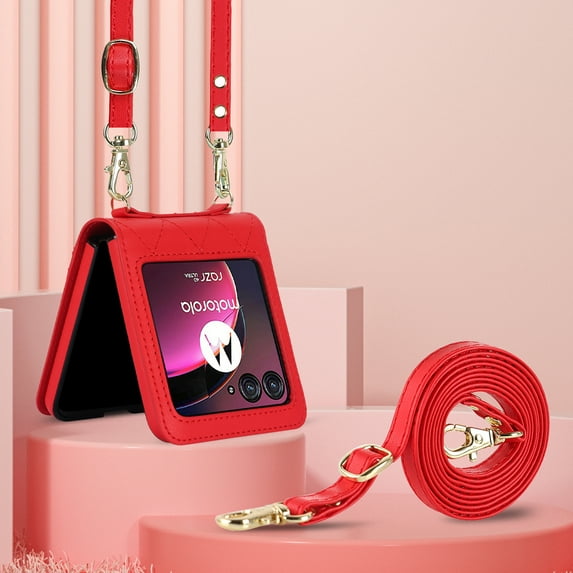 Compatible for Motorola Razr 60 / Motorola Razr 2025 Case with Card Slots, Shockproof Luxury PU Leather Crossbody Short Lanyard Cover Protective Strap Phone Case Wallet Case, Red