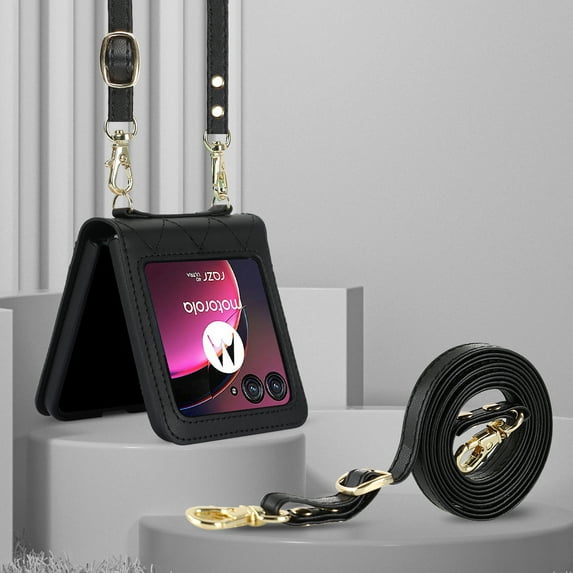 Compatible for Motorola Razr 60 / Motorola Razr 2025 Case with Card Slots, Shockproof Luxury PU Leather Crossbody Short Lanyard Cover Protective Strap Phone Case Wallet Case, Black