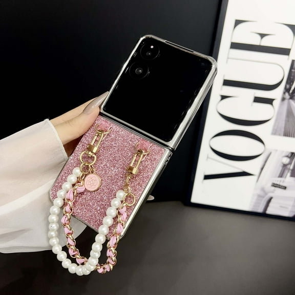 Compatible with Motorola Razr 60 Ultra/Ultra 2025 Case Glitter Shockproof Case Bling Sparkly TPU and PC Silicone Shiny Girl Women Luxury Thin Protective Cover with Pearl Hand Strap,Pink