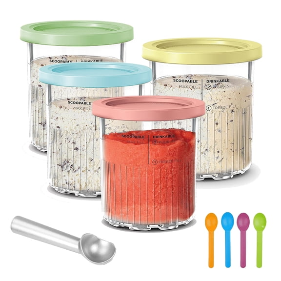 Compatible with Ninja Creami Ice Cream Containers  24OZ, 4 Pack for Ninja NC501 NC500 Series, Creamy Pints Containers with Spill-Proof Lids with 5 Scoops
