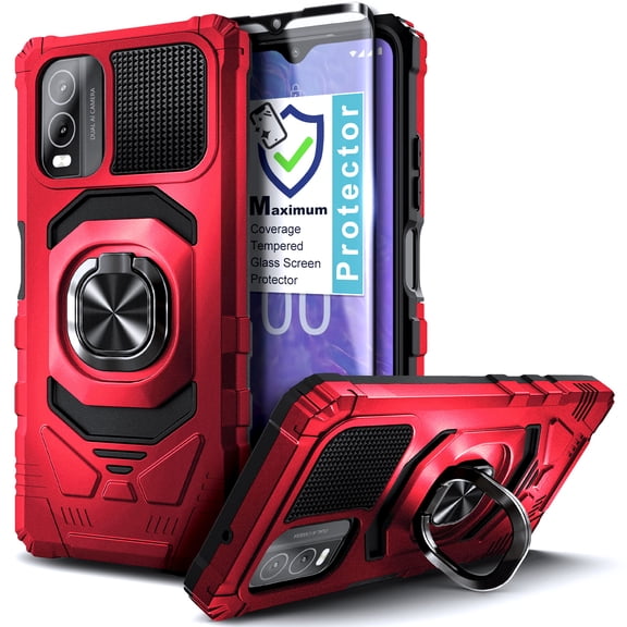 Compatible with Nokia C210 with Tempered Glass Screen Protector, Nagebee Full-Body Protective [Military-Grade] Magnetic Car Mount Ring Holder Durable Phone Case Cover (Red)