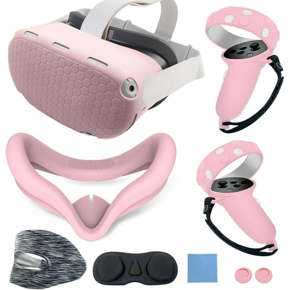Compatible with Oculus Quest 2 Silicone Case Accessory with VR Case Cover, Silicone VR Face Cover Pad and Touch Controller Grip Cover Compatible with Quest 2, Disposable Eye Cup （Pink)