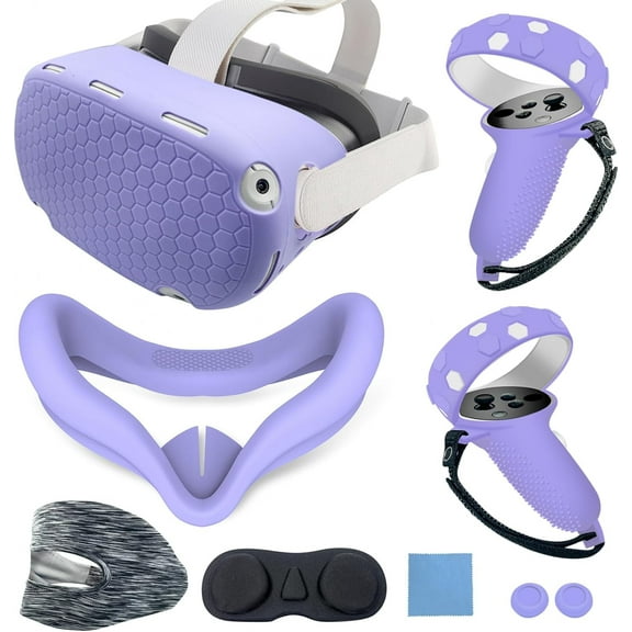 Compatible with Oculus Quest 2 Silicone Case Accessory with VR Case Cover, Silicone VR Face Cover Pad and Touch Controller Grip Cover Compatible with Quest 2, Disposable Eye Cup (Purple)