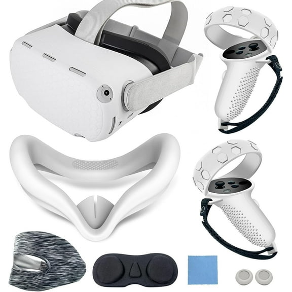 Compatible with Oculus Quest 2 Silicone Case Accessory with VR Case Cover, Silicone VR Face Cover Pad and Touch Controller Grip Cover Compatible with Quest 2, Disposable Eye Cup (White)