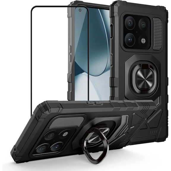 Compatible with OnePlus 10 Pro Case, 1+ Case Screen Protector, Ring Kickstand for Magnetic Car Mount, Heavy Duty Shockproof Protective Rugged Phone Cover One Plus Pro-Black