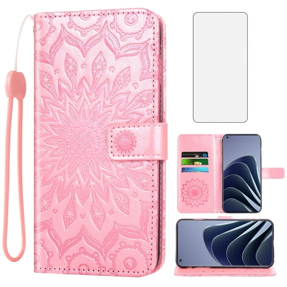 Compatible with OnePlus 10 Pro One Plus 10Pro 5G Wallet Phone Case and Tempered Glass Screen Protector Flip Credit Card Holder Stand Mandala Flower Cell Cover for On 1plus + 10Pro Women Men Pink