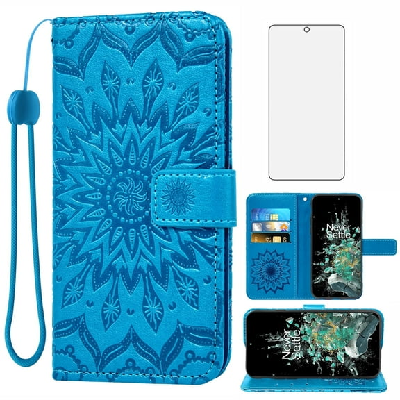 Compatible with OnePlus 10T 5G/One Plus Ace Pro Wallet Phone Case and Tempered Glass Screen Protector Flip Credit Card Holder Stand Mandala Flower Cell Cover for On 1plus +10T AcePro Women Men Blue