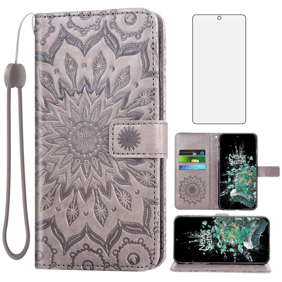 Compatible with OnePlus 10T 5G/One Plus Ace Pro Wallet Phone Case and Tempered Glass Screen Protector Flip Credit Card Holder Stand Mandala Flower Cell Cover for On 1plus +10T AcePro Women Men Gray