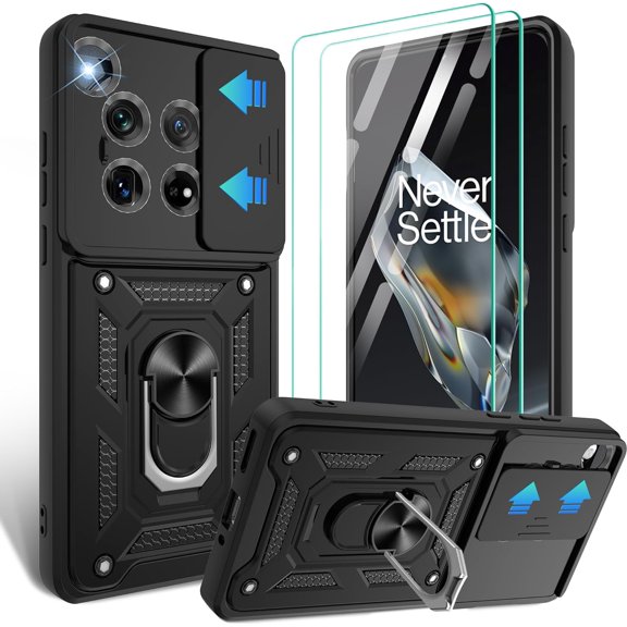 Compatible with OnePlus 12 Case with Screen Protector*2 with Slide Camera Cover, 360°Rotation Ring Kickstand [Military Grade] 1+ 12 Case for OnePlus 12 Phone Case,Black