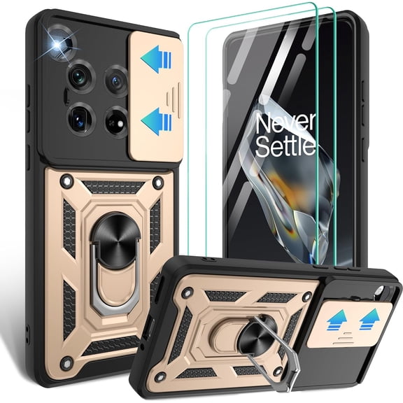 Compatible with OnePlus 12 Case with Screen Protector*2 with Slide Camera Cover, 360°Rotation Ring Kickstand [Military Grade] 1+ 12 Case for OnePlus 12 Phone Case,Gold