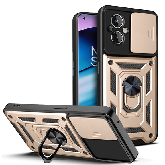 Compatible with OnePlus Nord N200 5G Case with Sliding Camera Lens Cover and Ring Kickstand Heavy Duty Military Grade Protection Phone Shockproof Back Cover For OnePlus Nord N200 5G, Gold