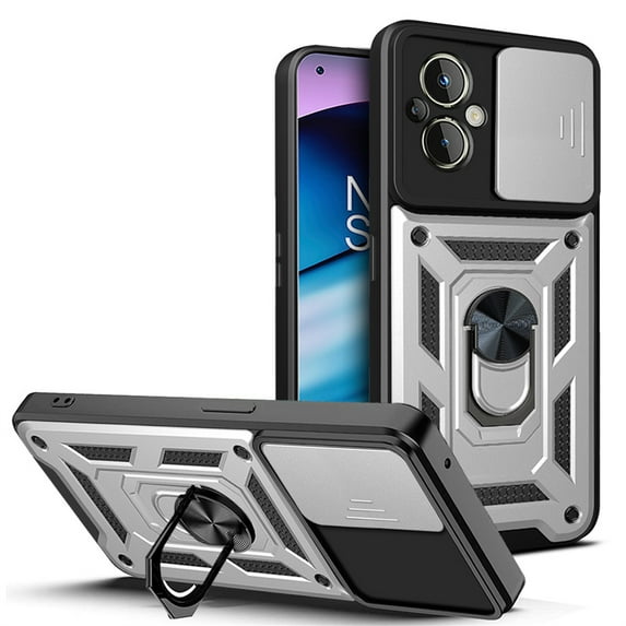 Compatible with OnePlus Nord N200 5G Case with Sliding Camera Lens Cover and Ring Kickstand Heavy Duty Military Grade Protection Phone Shockproof Back Cover For OnePlus Nord N200 5G, Silver