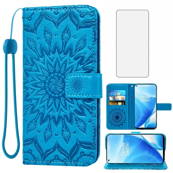 Compatible with OnePlus Nord N200 5G Wallet Phone Case and Tempered Glass Screen Protector Flip Credit Card Holder Stand Mandala Flower Cell Cover for On1 Plus One+ 1+ N2005G 2021 Women Men Blue