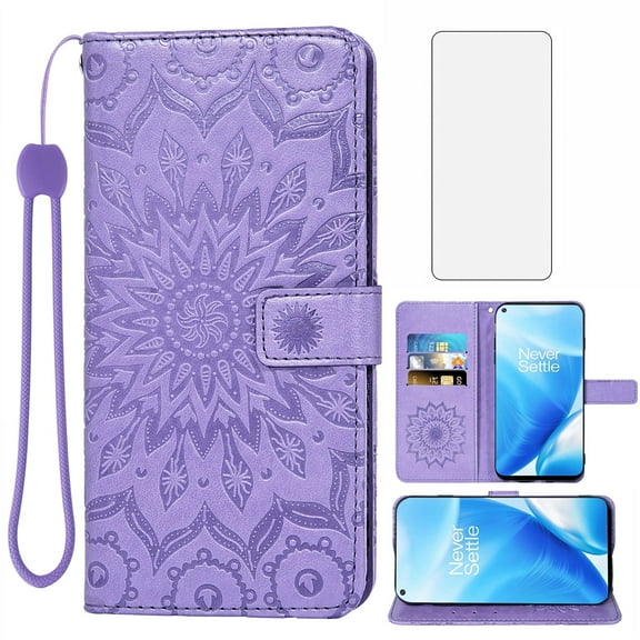 Compatible with OnePlus Nord N200 5G Wallet Phone Case and Tempered Glass Screen Protector Flip Credit Card Holder Stand Mandala Flower Cell Cover for On1 Plus One+ 1+ N2005G 2021 Women Men Purple