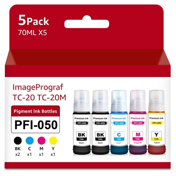 Compatible PFI-050 PFI050 Ink Refill Bottles Replacement for PFI 050 PFI-050BK PFI-050C PFI-050M PFI-050Y Ink Tank Compatible for imagePROGRAF TC-20 TC-21 TC-20M TC-21M Printer (2BK 1C 1M 1Y)