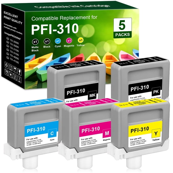 Compatible PFI-310 Ink Tank Replacement for PFI310 PFI-310MBK PFI-310BK PFI-310C PFI-310M PFI-310Y Ink Cartridge for ImagePROGRAF TX-2000 TX-3000 TX-4000 Printer, 5-Pack