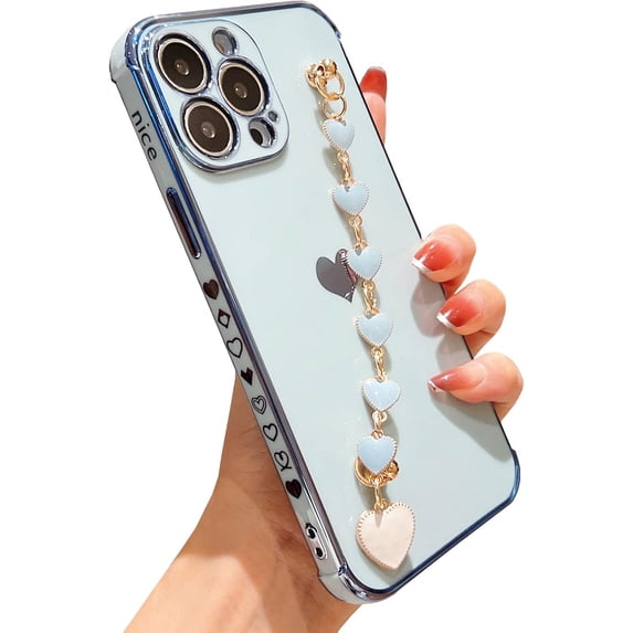 Compatible with Phone 14 Pro Max Cute Case Heart,Anti-Drop Protective Case for Women with Metal Chain Strap Girly Case Design for 14 Pro Max - 6.7 inch (LightBlue)