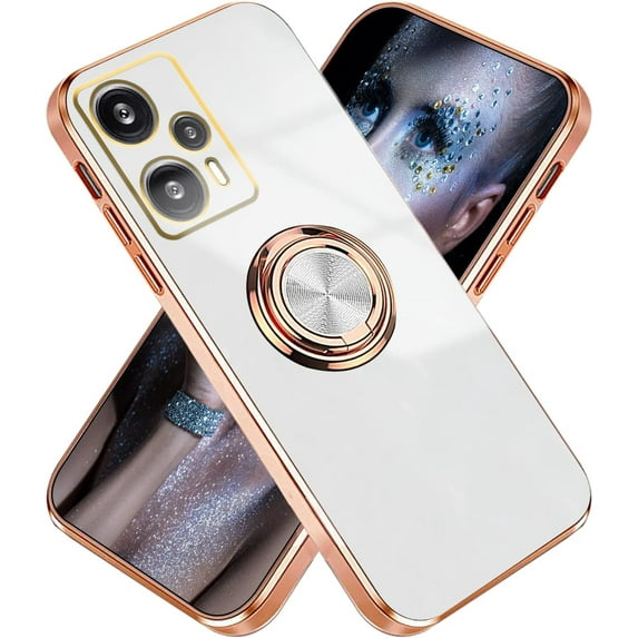 Compatible with Poco F5 Case for Women Men Cute Xiaomi Poco F5 Phone Case Shockproof Cases with Luxury Plating Gold Edge Kickstand Protective Case Cover (White)