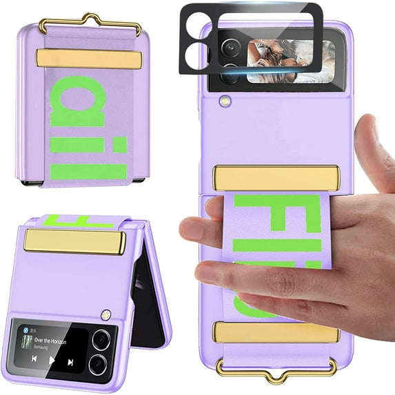 Compatible Purple Wrisband Case for Samsung Galaxy Z Flip 4 Case with Camera Lens Screen Protector,Shockproof Slim Bumper Cover Phone Case for Samsung Z Flip 4 5G Case with Kickstand Women Girls