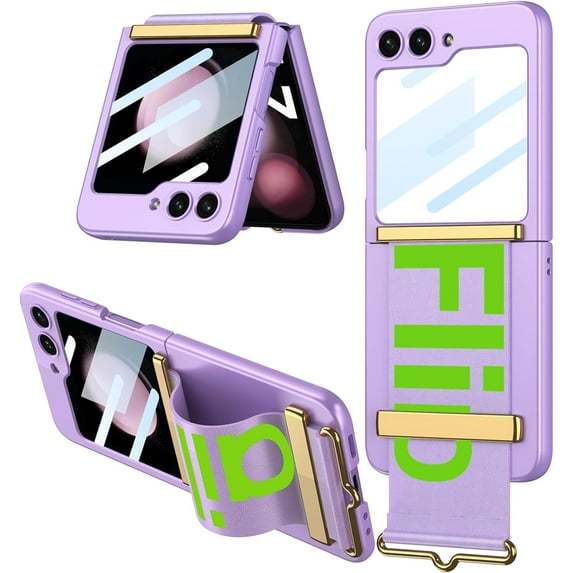 Compatible Purple Wrisband Case for Samsung Galaxy Z Flip 5 Case with Camera Lens Screen Protector,Shockproof Slim Bumper Cover Thin Phone Case for Samsung Z Flip 5 Case with Kickstand for Women