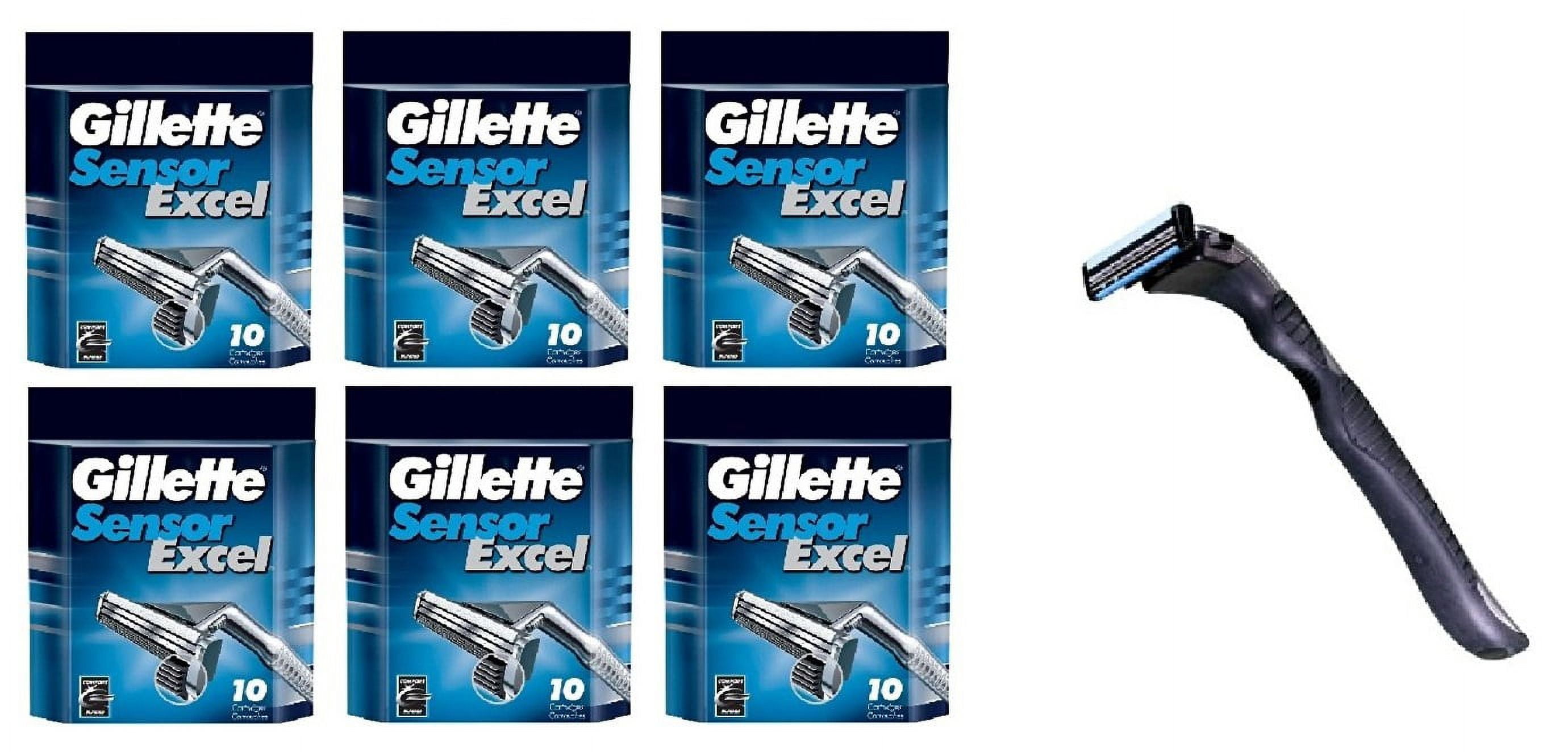 Compatible Razor Handle + Gillette Sensor Excel Refill Razor Blade Cartridges, 10 Ct (Pack of 6)