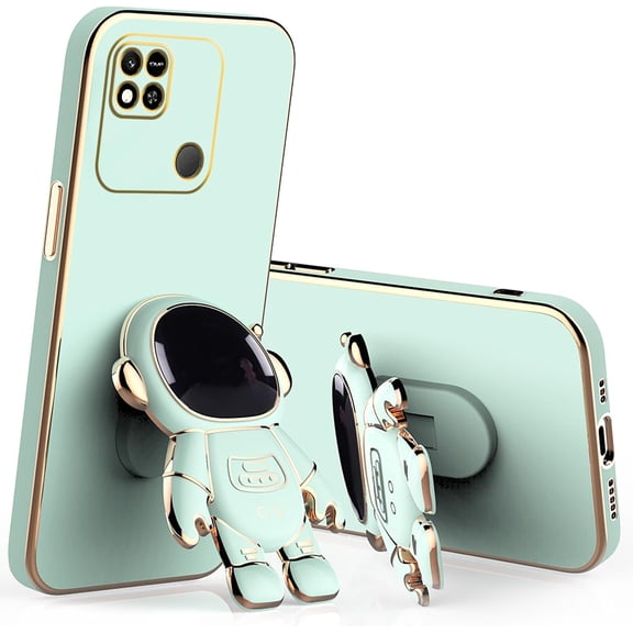 Compatible with Redmi 10A Case for Women Men, Ultra Soft Xiaomi Redmi 10A Phone Case with Stand Silicone TPU Plating Cute Astronaut Pattern Cases Cover (Green)