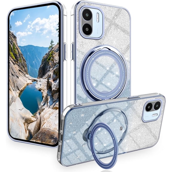 Compatible with Redmi A2 Case Glitter with Magnetic Stand Pink,Phone for Xiaomi Redmi A1 Case Silicone Transparent Support Wireless Charging Shockproof Luxury Protective Cover (Blue)