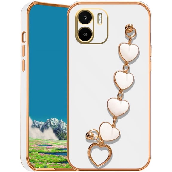 Compatible with Redmi A2 Case Silicone with Love Heart Chain, Ultra Slim Soft Xiaomi Redmi A2 Phone Case Shockproof Bumper Protective Cases for Women (White)