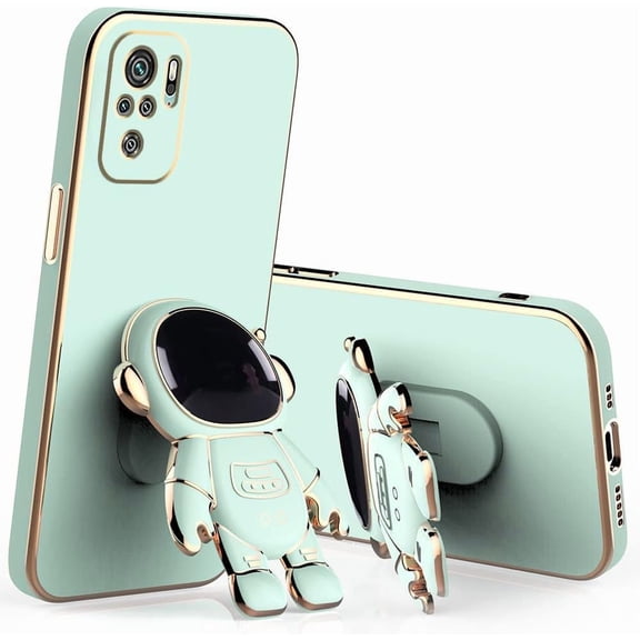 Compatible with Redmi Note 10s Case with Plating Creative Astronaut Cartoon Holder Pink,for Xiaomi Redmi Note 10 4g Phone Case Silicone Shockproof Stand Soft TPU Protective Slim Cover (Green)