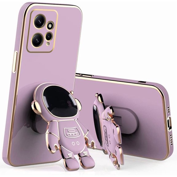 Compatible with Redmi Note 12 4G Case with Plating Creative Astronaut Cartoon Holder Pink, for Redmi Note 12 4G Phone Case Silicone Shockproof Stand Soft TPU Protective Slim Cover (Purple)