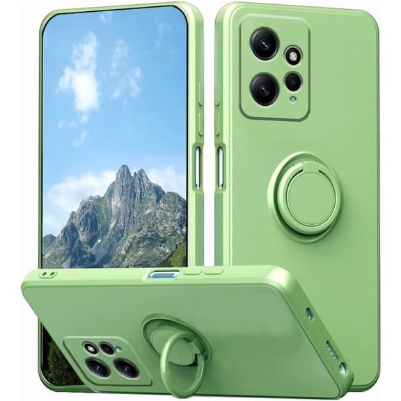 Compatible with Redmi Note 12 4G Case with Ring Kickstand Green, for Redmi Note 12 4G Phone Case Silicone Liquid with Soft Microfiber Lining Slim Shockproof Protective Cover (Green)