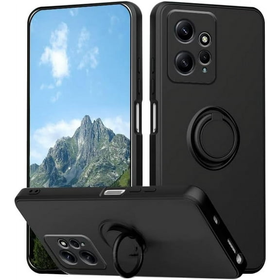 Compatible with Redmi Note 12 4G Case with Ring Kickstand Green, for Redmi Note 12 4G Phone Case Silicone Liquid with Soft Microfiber Lining Slim Shockproof Protective Cover (Black)