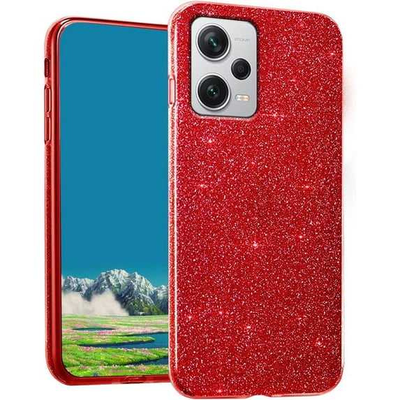 Compatible with Redmi Note 12 Pro 5G Case Cute Glitter Sparkly Shockproof Xiaomi Redmi Note 12 Pro 5G Phone Case for Women Girls TPU Slim 3 in 1 Protective Cases (Red)