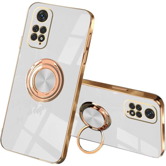 Compatible with Redmi Note 12 Pro Case Silicone TPU Shockproof Redmi Note 12 Pro 4G Phone Case with Magnetic Ring Kickstand Plating Anti-Scratch Cases (White)