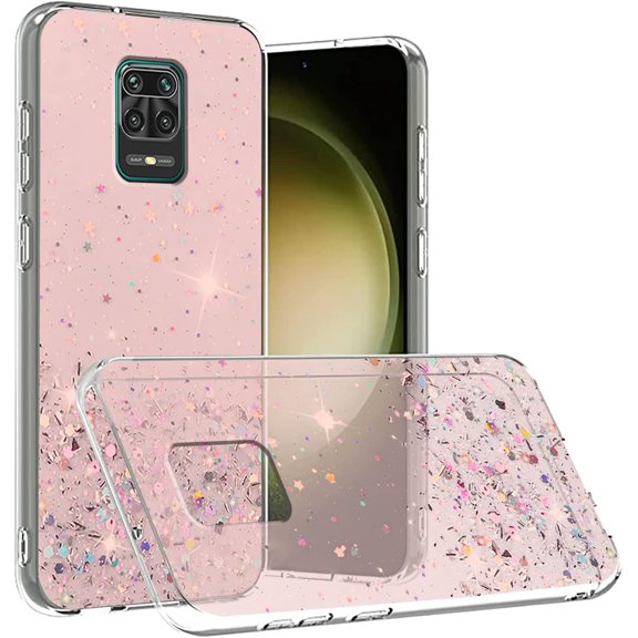 Compatible with Redmi Note 9 Pro Case Glitter Clear Green,for Xiaomi Redmi Note 9 Pro Phone Case Silicone Transparent Soft TPU Women Girls Shockproof Protective Slim Cover (Pink)