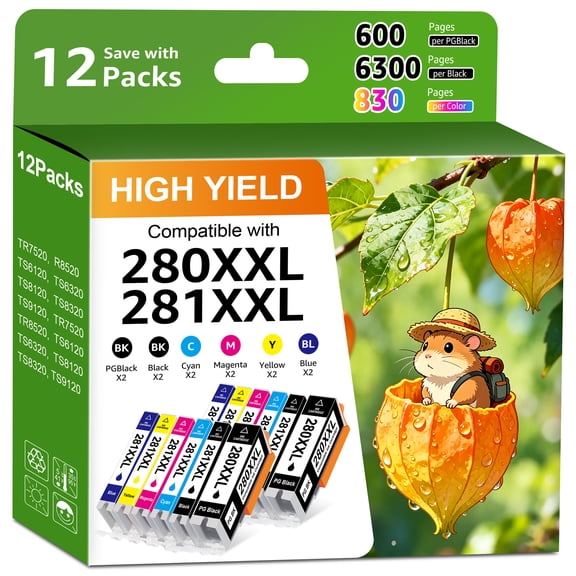 PGI-280XXL CLI-281XXL Ink Cartridge Compatible with 280 281 Ink Cartridge Replacement for TR8520 TR8620 TR7520 TR8600 TS6120 TS6220 TS9120 Printer,12-Pack