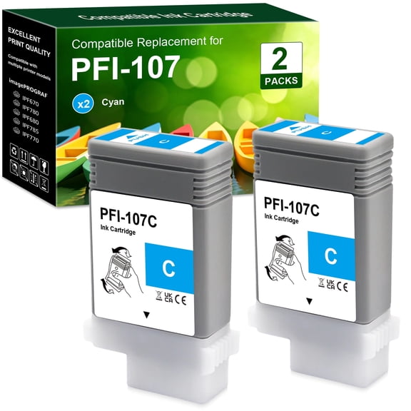 Compatible Replacement for PFI-107C Ink Cartridge, PFI-107 Cyan Ink Replacements for iPF670 iPF680 iPF685 iPF780 iPF770 iPF785 Printer (2 Pack PFI107 Cyan Ink)