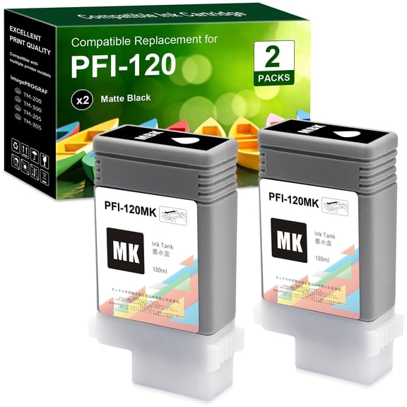 Compatible Replacement PFI-120MBK Ink Cartridge PFI120 Matte Black Ink Tanks Replacements for TM-200 TM-205 TM-300 TM-305 Printer (2 Pack Pigment)